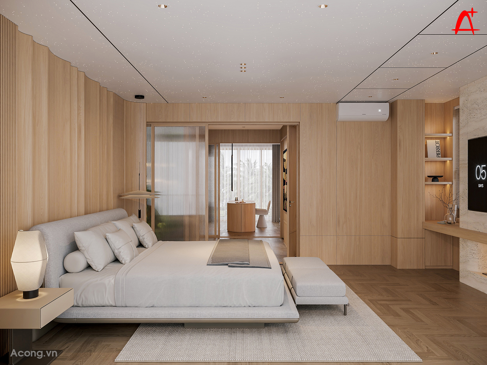 Không gian được tổ chức liên thông giữa ngủ, thay đồ và làm việc, đảm bảo tiện nghi và mạch lạc.